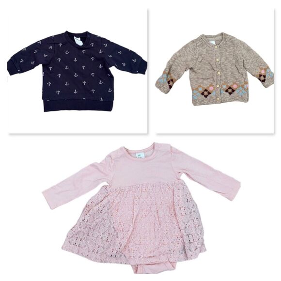 H&M Girl Infant Bundle: sweatshirt, cardigan, onesie dress, size 0-3 mo + 3-6 mo - Picture 1 of 13
